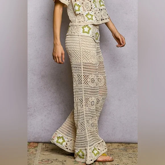 POL Openwork Crochet Flare Pants with Contrast Star